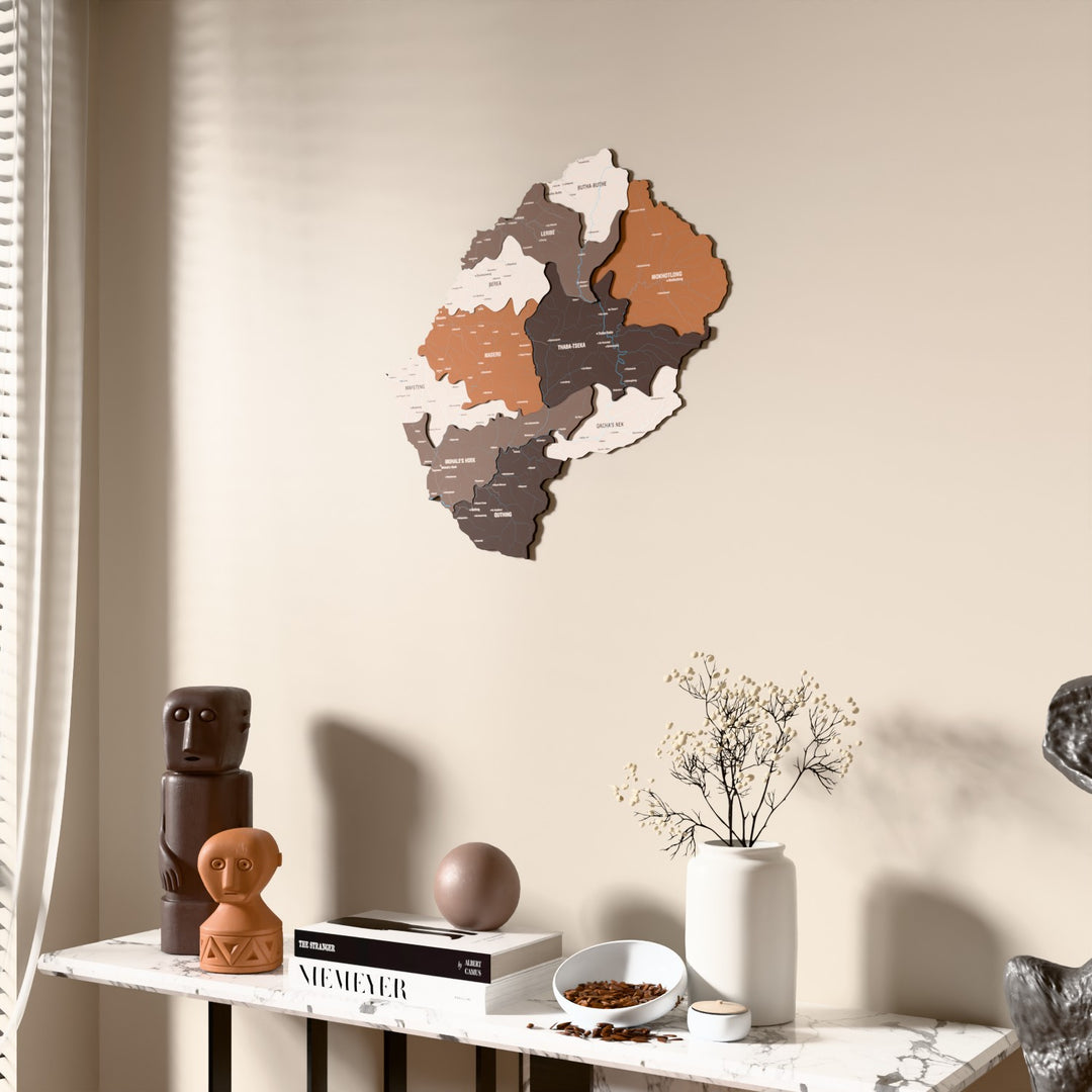 Soil Lesotho wooden wall map beside a sheer curtain, angled view
