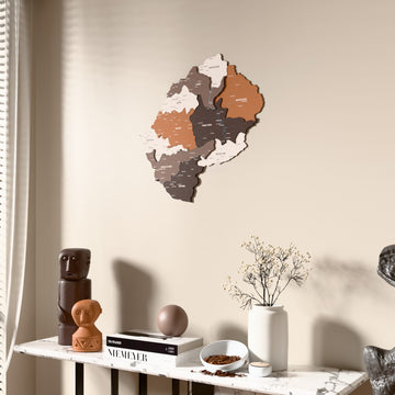 Soil Lesotho wooden wall map beside a sheer curtain, angled view