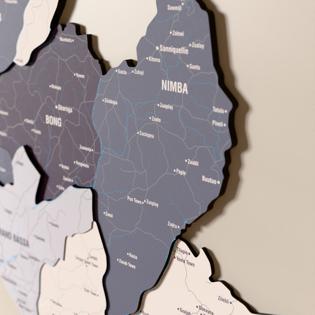 Close-up of the Nimbus Liberia wooden wall map with layered regions and printed names