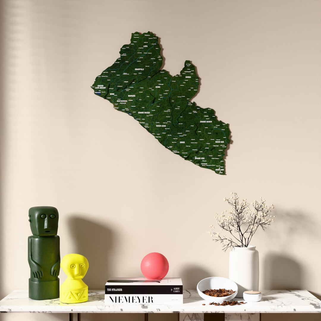 Satellite Liberia wooden wall map above a marble console, front view