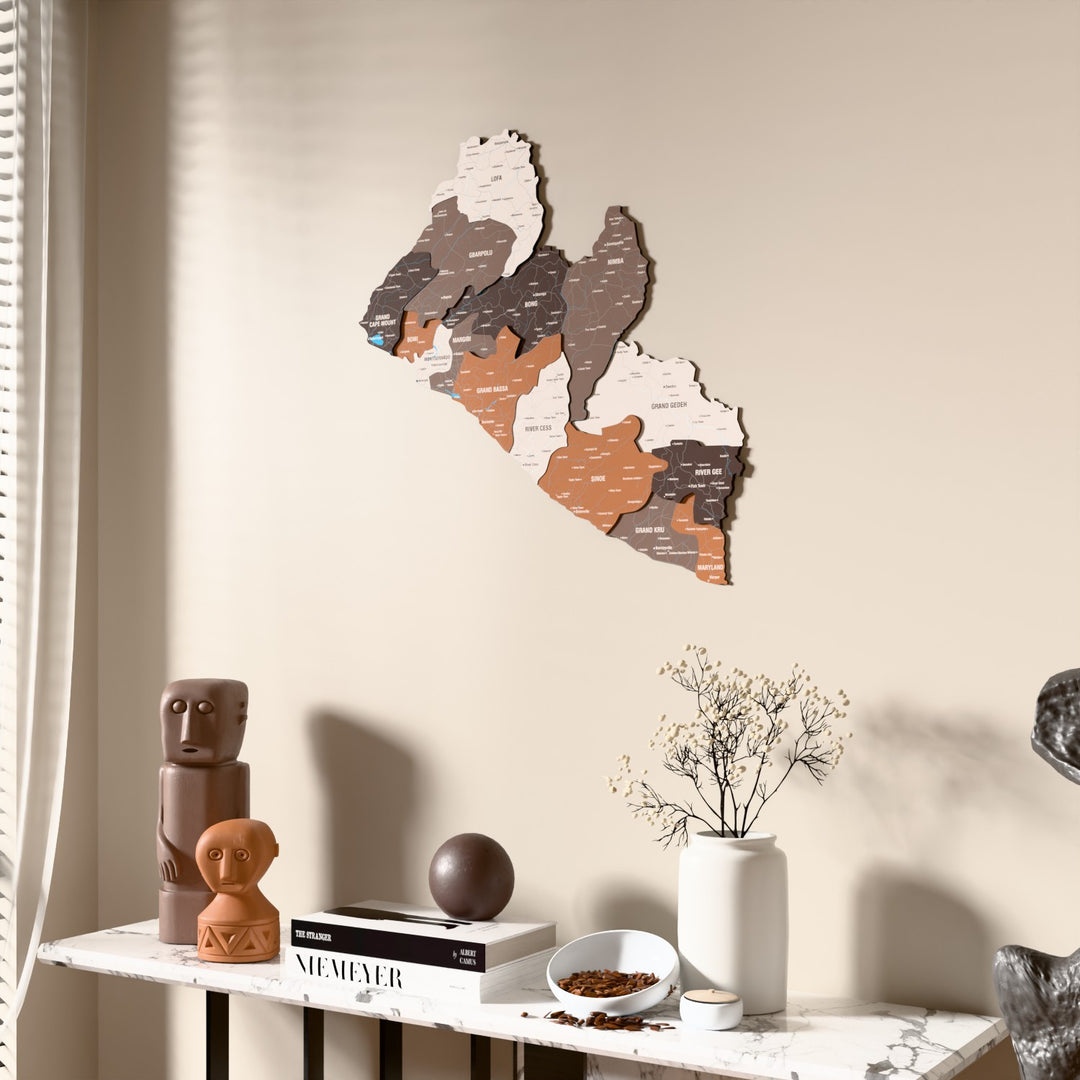 Soil Liberia wooden wall map beside a sheer curtain, angled view