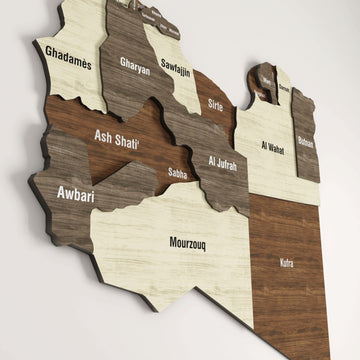Close-up of the Libya wooden wall map showing Ghadames, Awbari, Ash Shati and Mourzouq in layered wood