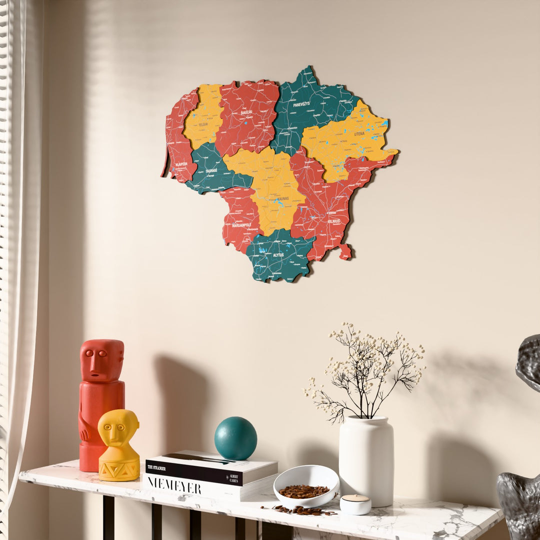 Flag colored Lithuania wooden wall map beside a sheer curtain, angled view