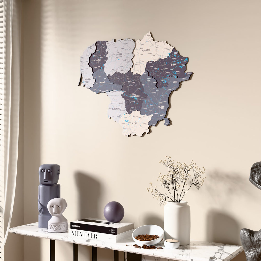 Nimbus Lithuania wooden wall map beside a sheer curtain, angled view