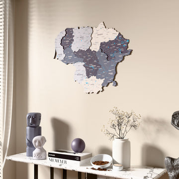 Nimbus Lithuania wooden wall map beside a sheer curtain, angled view