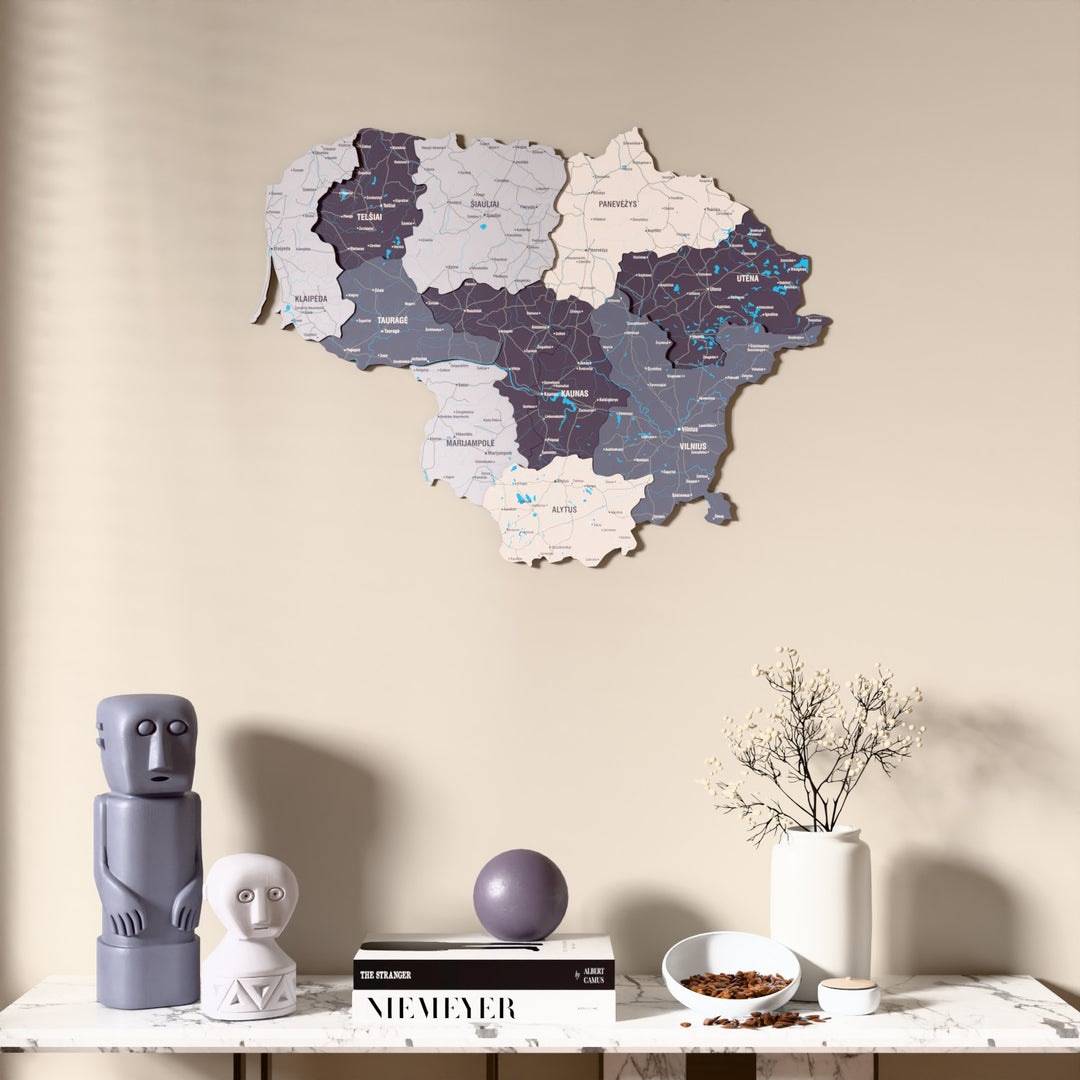 Nimbus Lithuania wooden wall map above a marble console, front view