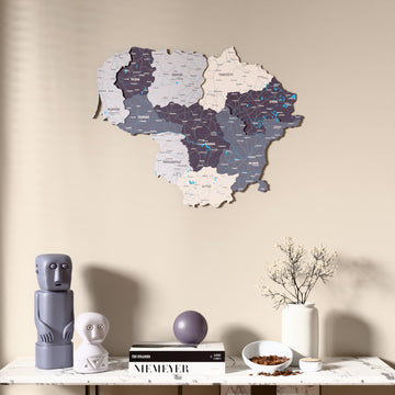 Nimbus Lithuania wooden wall map above a marble console, front view