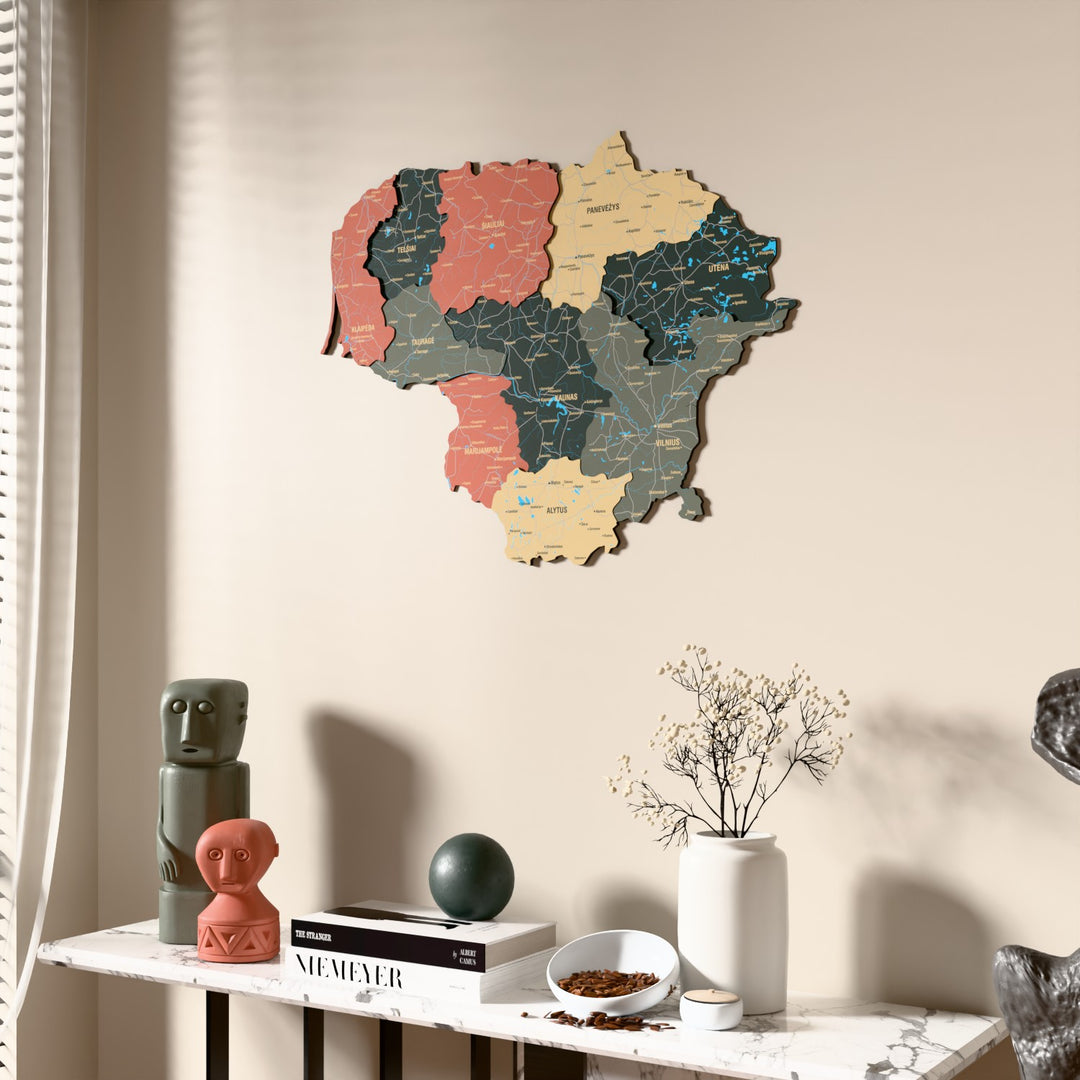 Sage Lithuania wooden wall map beside a sheer curtain, angled view