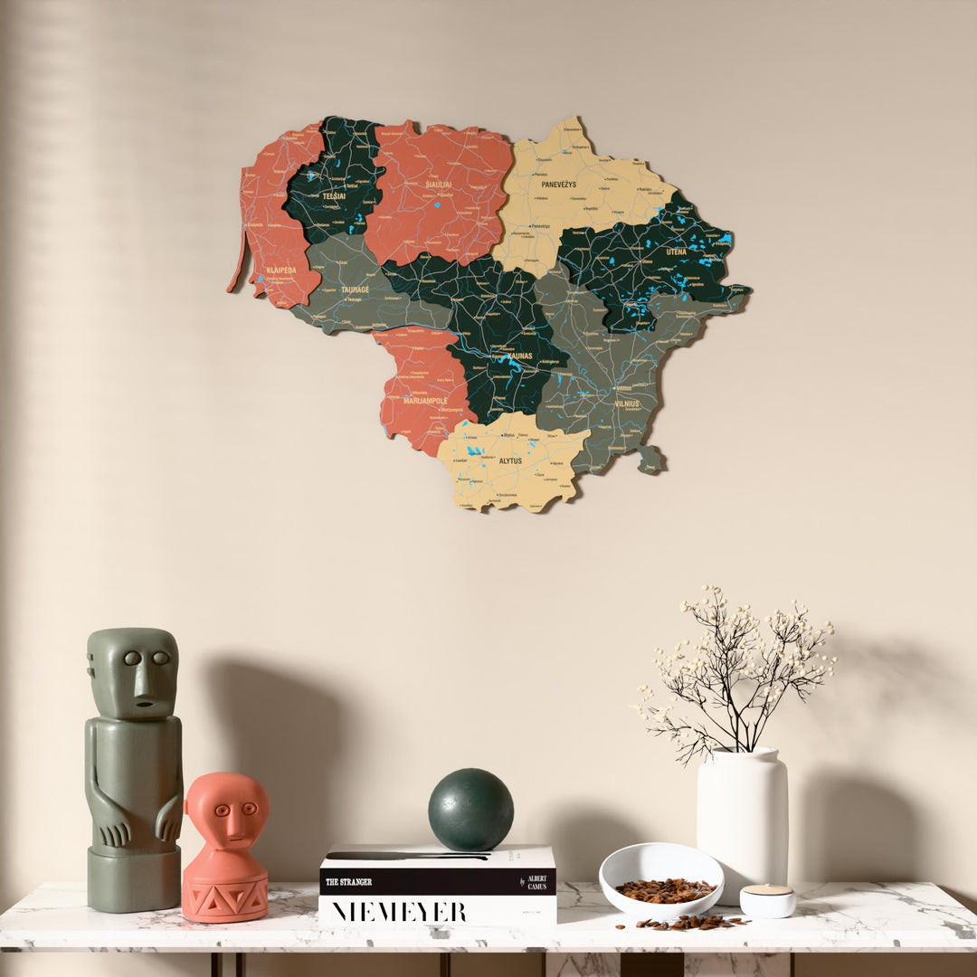 Sage Lithuania wooden wall map above a marble console, front view