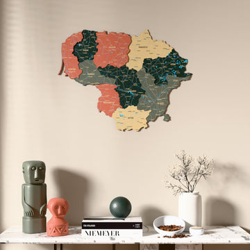 Sage Lithuania wooden wall map above a marble console, front view