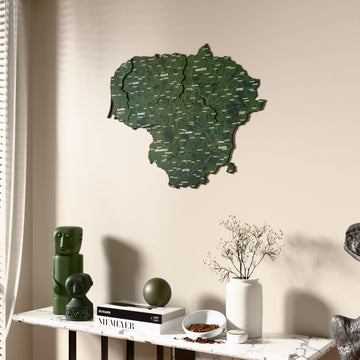 Satellite Lithuania wooden wall map beside a sheer curtain, angled view