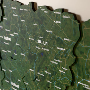 Close-up of the Satellite Lithuania wooden wall map with layered regions and printed names