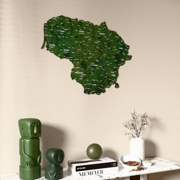 Satellite Lithuania wooden wall map on a beige wall above a console with figurines