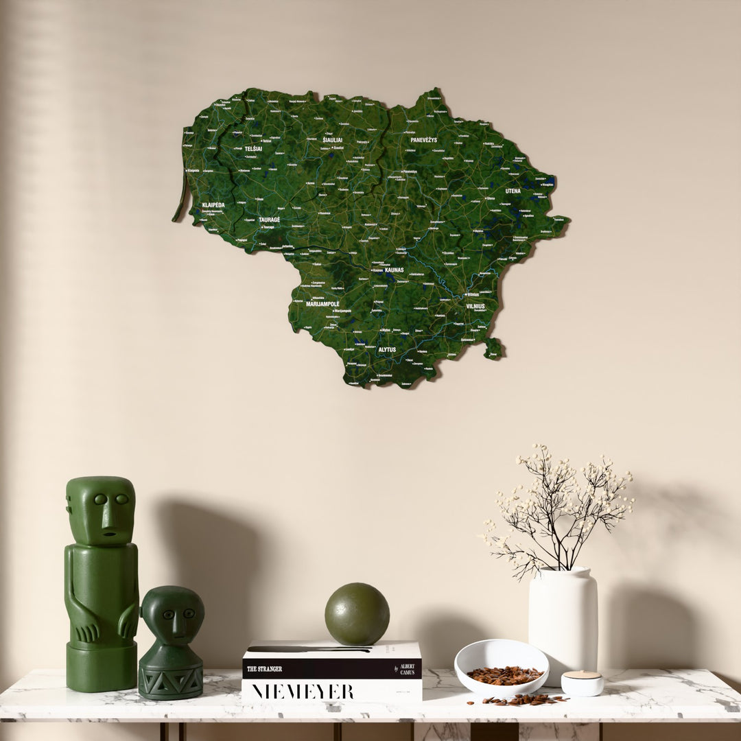 Satellite Lithuania wooden wall map above a marble console, front view
