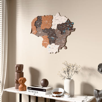 Soil Lithuania wooden wall map beside a sheer curtain, angled view