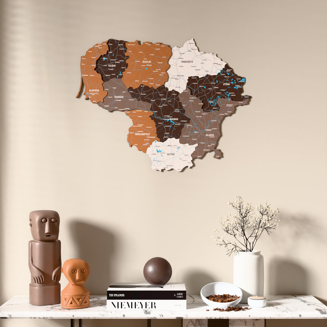 Soil Lithuania wooden wall map above a marble console, front view
