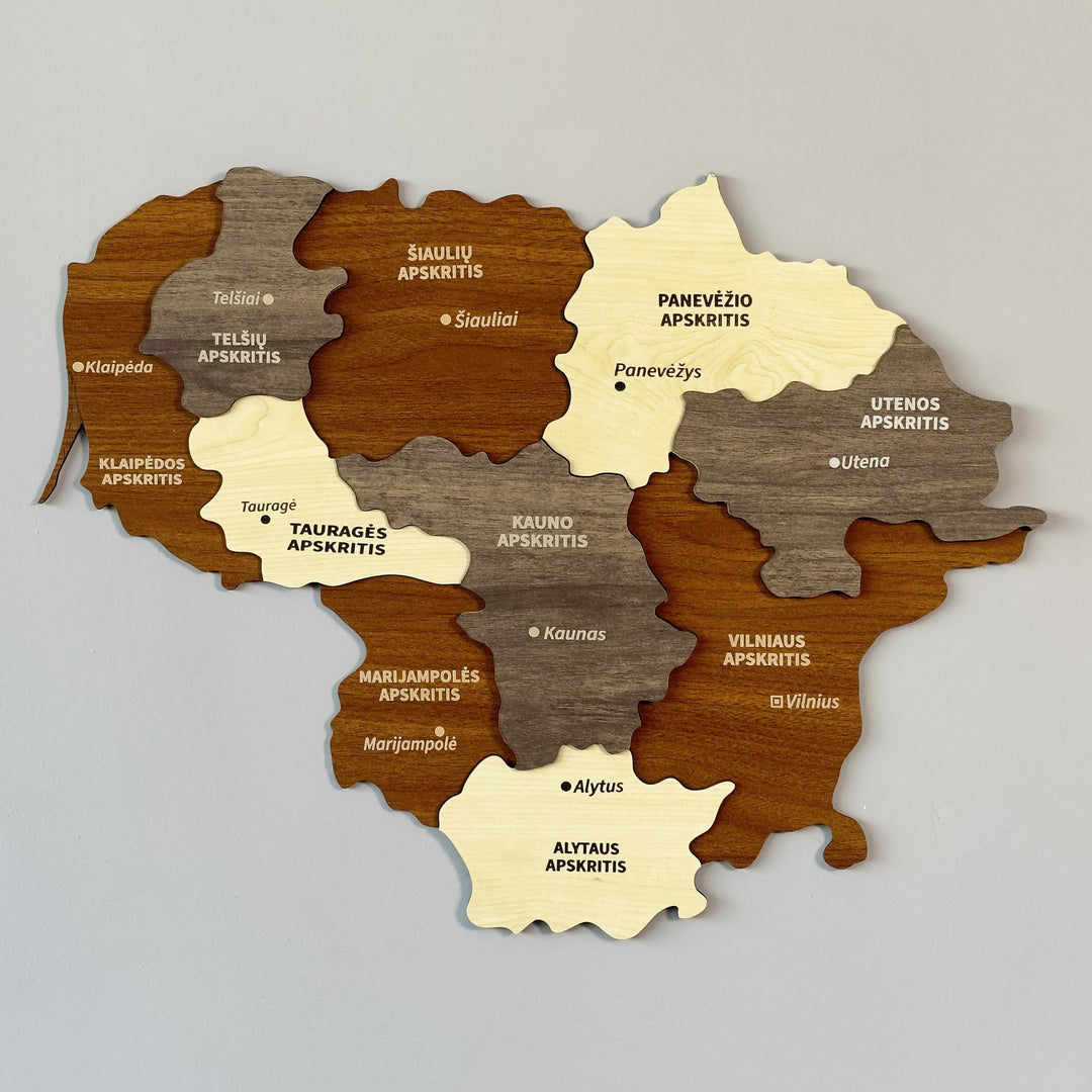 Wooden Lithuania wall map with county names in brown, cream and gray layers, front view