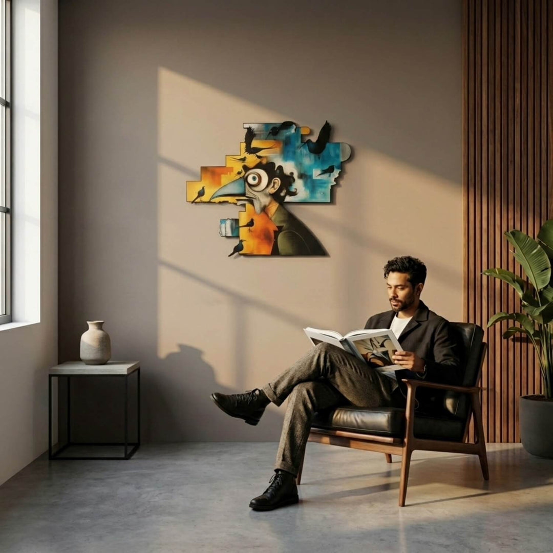 Lord of the Crows surrealist metal wall art behind a man reading in an armchair