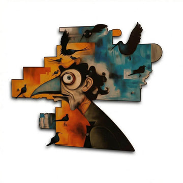 Lord of the Crows surrealist metal wall art on white with its shadow