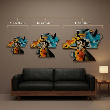 Size guide above a sofa: S 47x38 cm, M 67x54 cm, L 99x80 cm