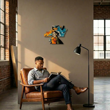Lord of the Crows metal wall art above a man reading in a leather armchair