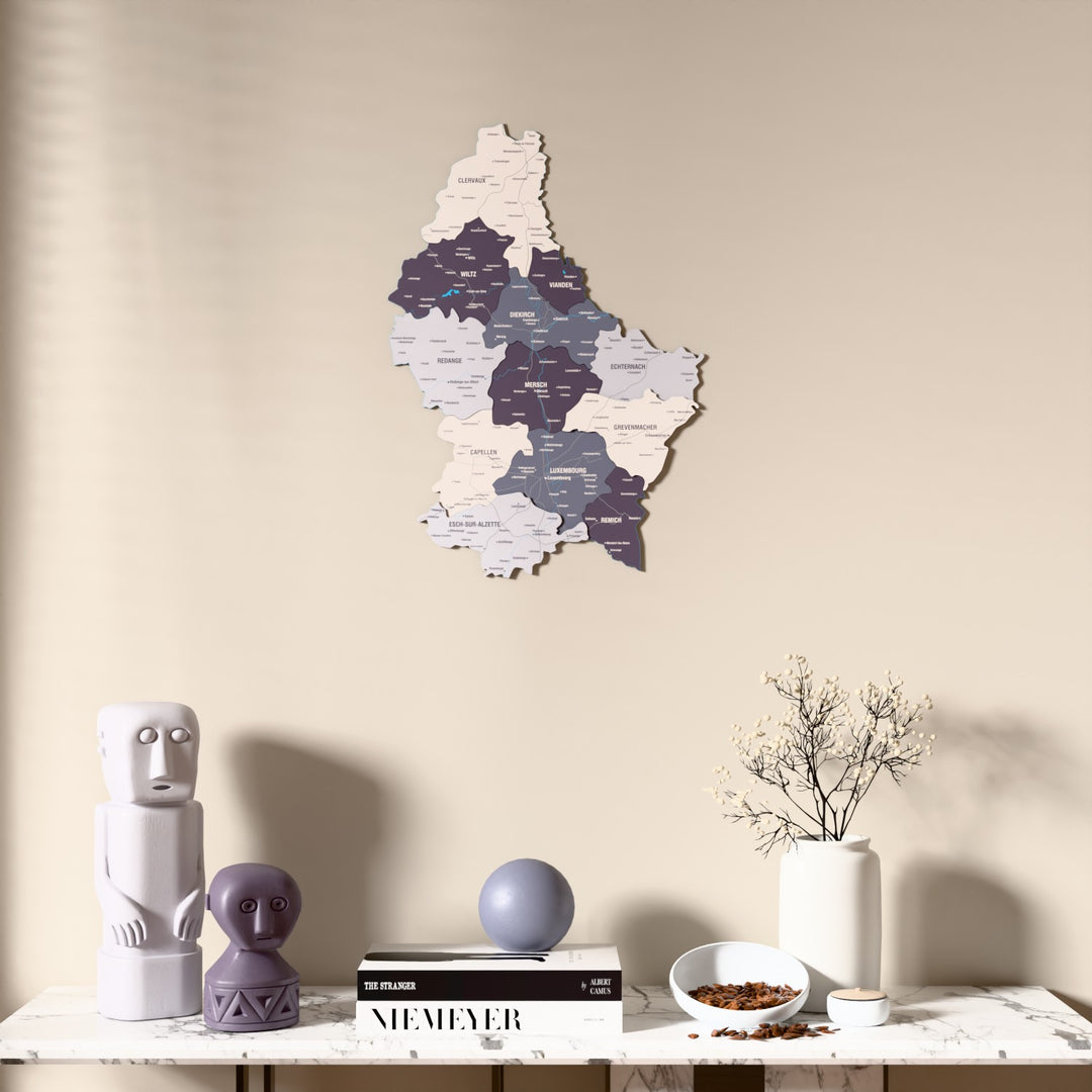 Nimbus Luxembourg wooden wall map above a marble console, front view
