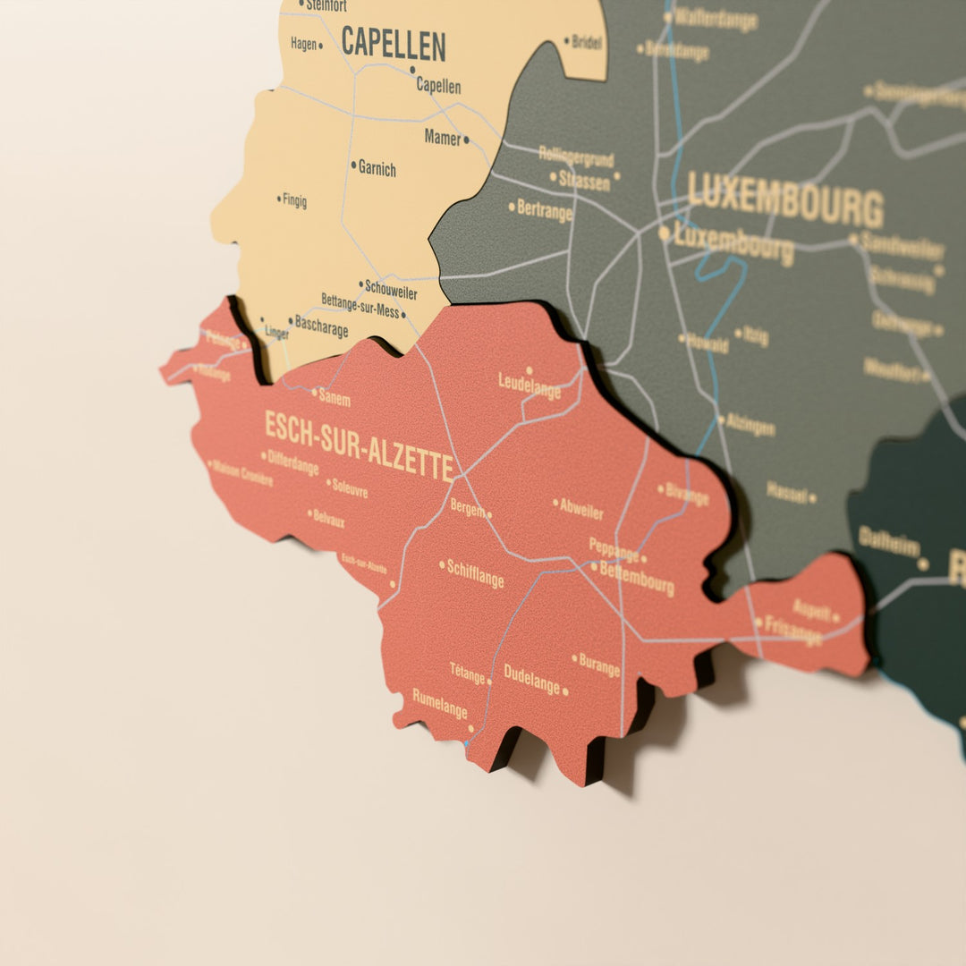 Close-up of the Sage Luxembourg wooden wall map with layered regions and printed names