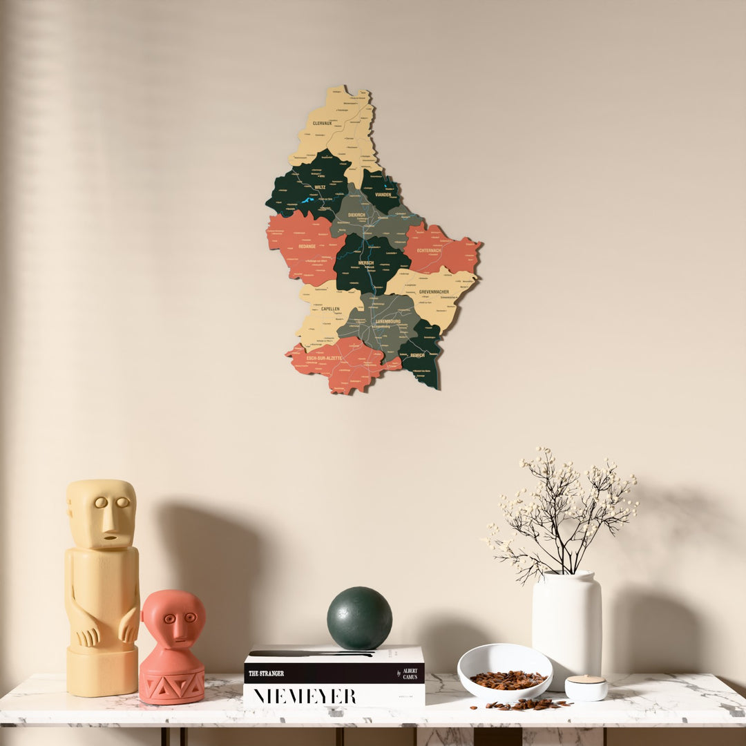 Sage Luxembourg wooden wall map above a marble console, front view