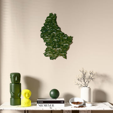 Satellite Luxembourg wooden wall map above a marble console, front view