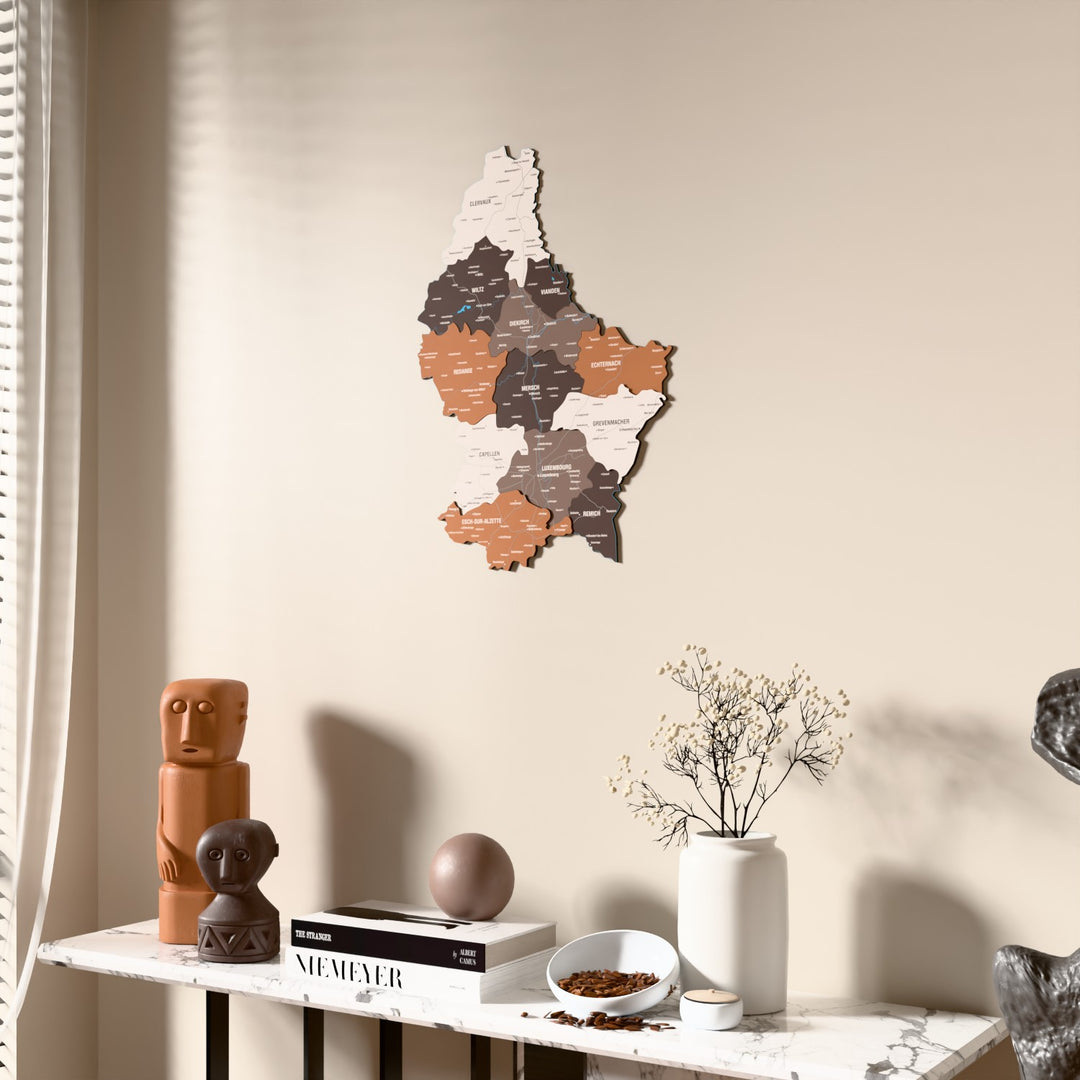 Soil Luxembourg wooden wall map beside a sheer curtain, angled view