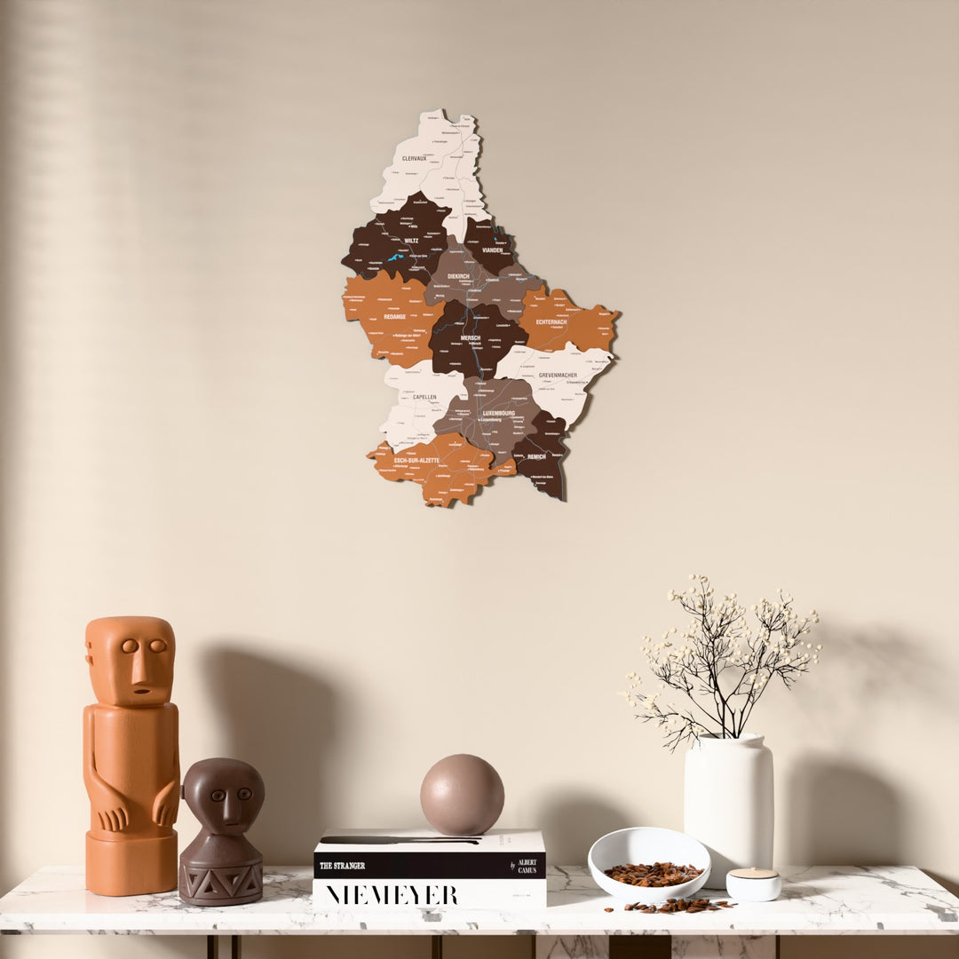 Soil Luxembourg wooden wall map above a marble console, front view