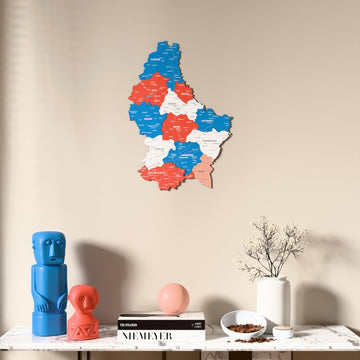 Flag colored Luxembourg wooden wall map above a marble console, front view