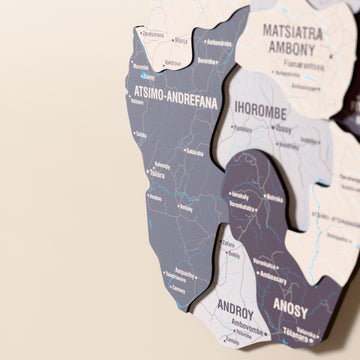 Close-up of the Nimbus Madagascar wooden wall map with layered regions and printed names