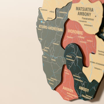 Close-up of the Sage Madagascar wooden wall map with layered regions and printed names