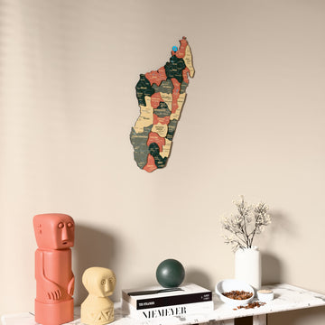 Sage Madagascar wooden wall map on a beige wall above a console with figurines