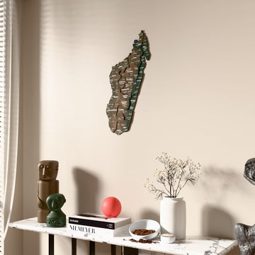 Satellite Madagascar wooden wall map beside a sheer curtain, angled view