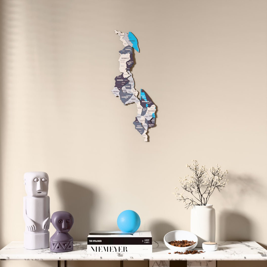 Nimbus Malawi wooden wall map above a marble console, front view