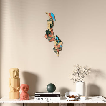 Sage Malawi wooden wall map above a marble console, front view