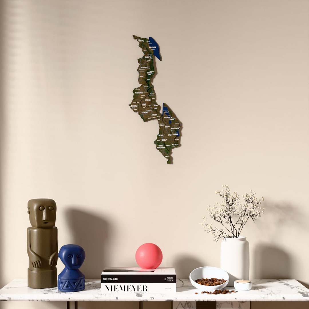 Satellite Malawi wooden wall map above a marble console, front view