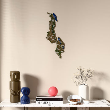 Satellite Malawi wooden wall map above a marble console, front view
