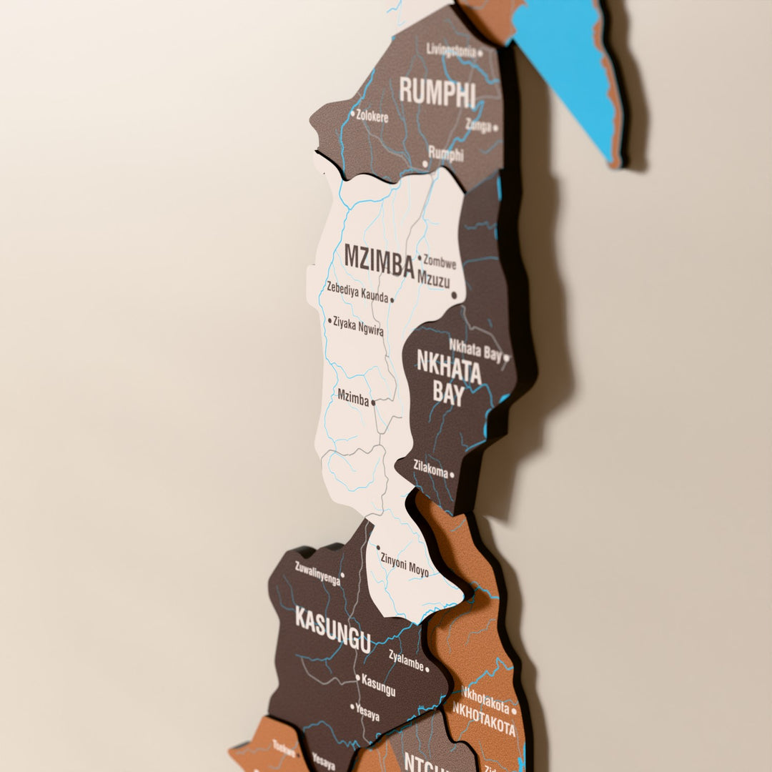 Close-up of the Soil Malawi wooden wall map with layered regions and printed names