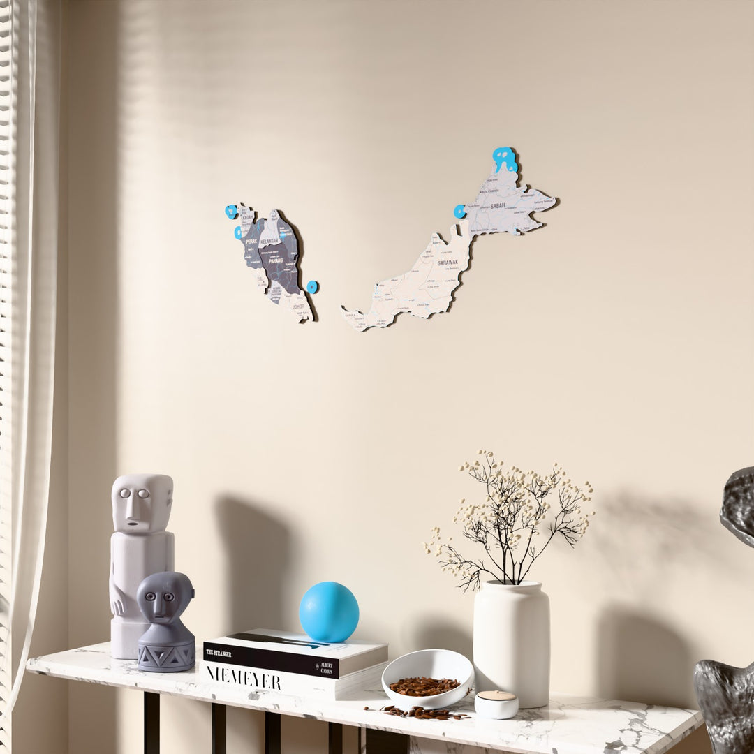 Nimbus Malaysia wooden wall map beside a sheer curtain, angled view