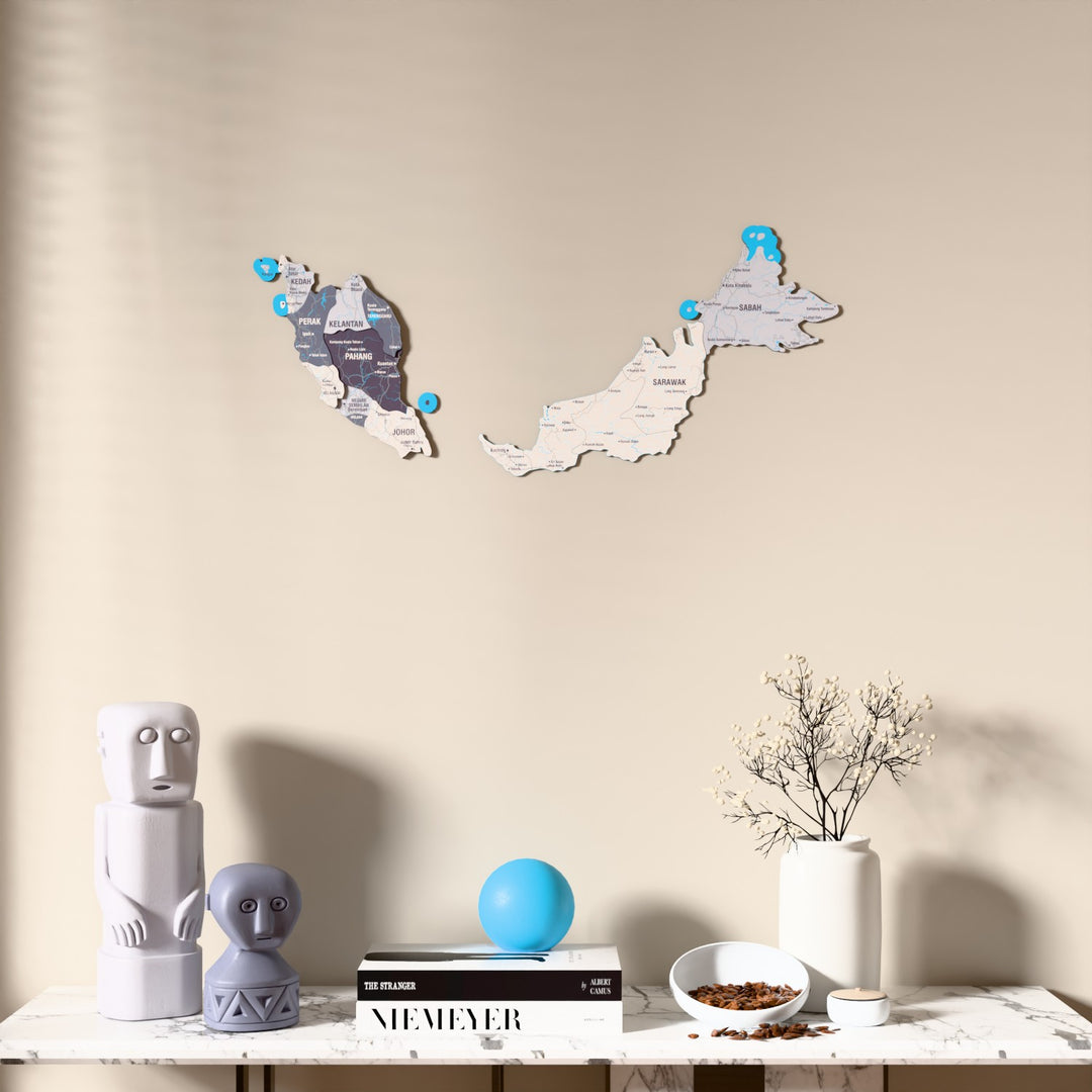 Nimbus Malaysia wooden wall map above a marble console, front view