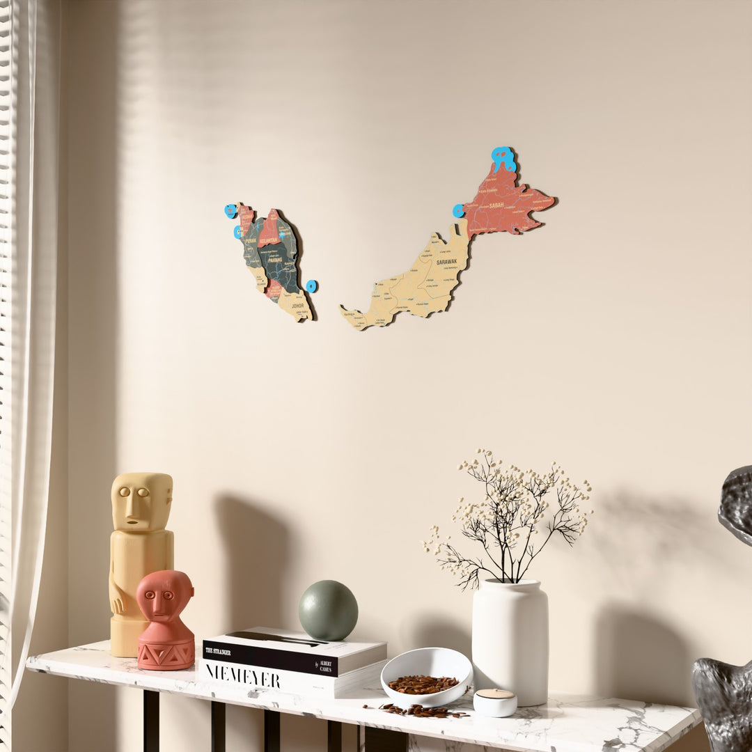 Sage Malaysia wooden wall map beside a sheer curtain, angled view