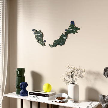 Satellite Malaysia wooden wall map beside a sheer curtain, angled view