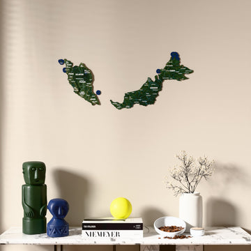 Satellite Malaysia wooden wall map above a marble console, front view