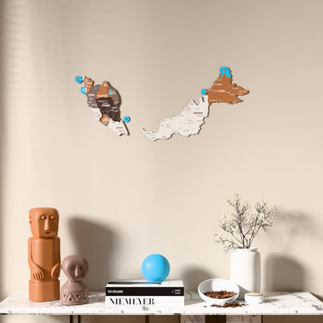 Soil Malaysia wooden wall map above a marble console, front view