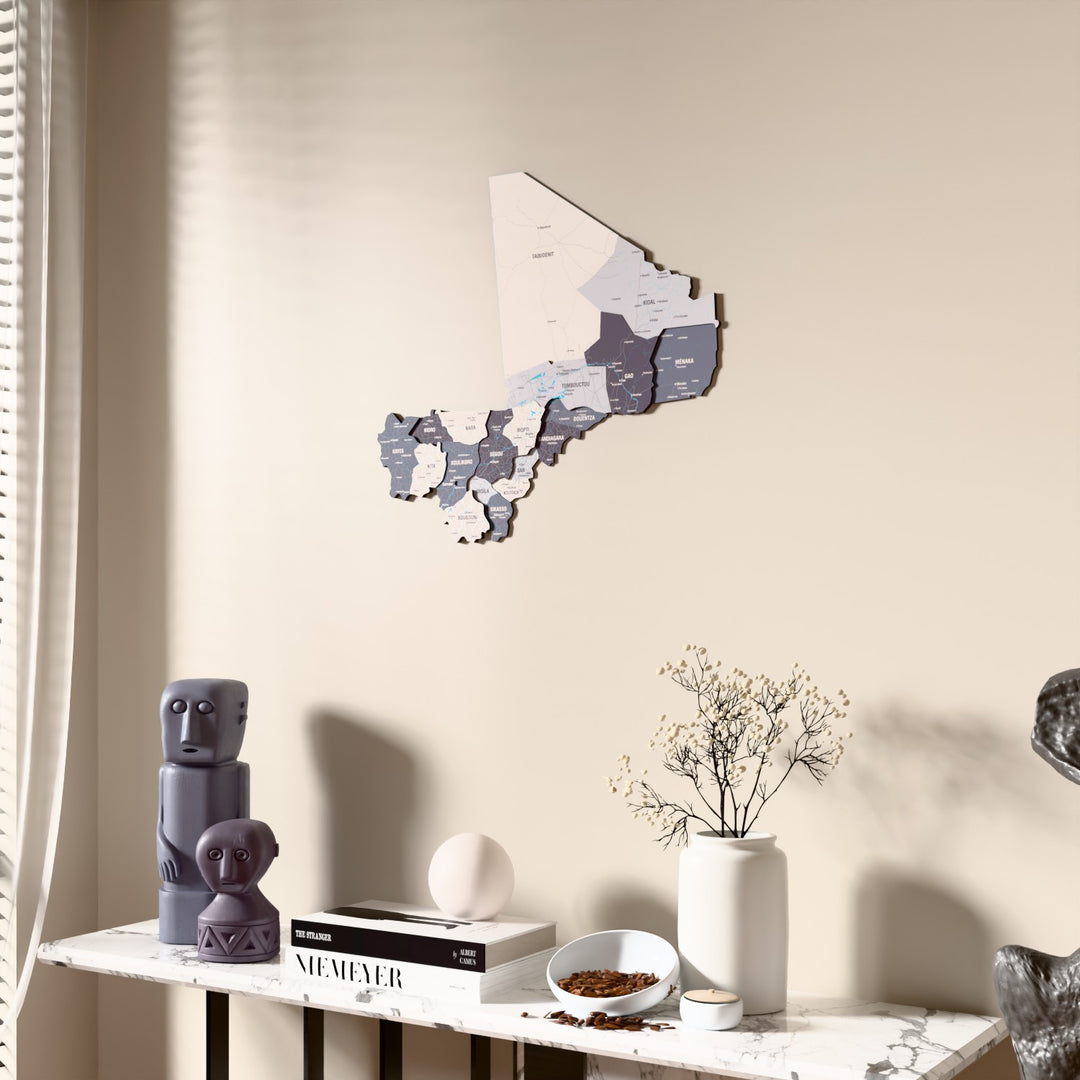 Nimbus Mali wooden wall map beside a sheer curtain, angled view