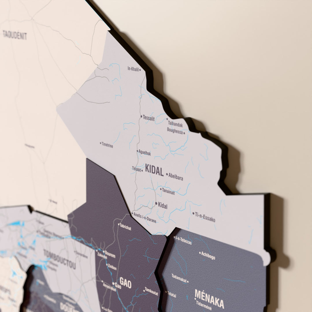 Close-up of the Nimbus Mali wooden wall map with layered regions and printed names