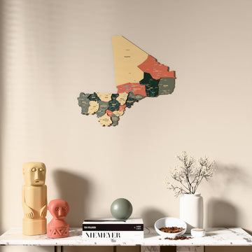 Sage Mali wooden wall map above a marble console, front view